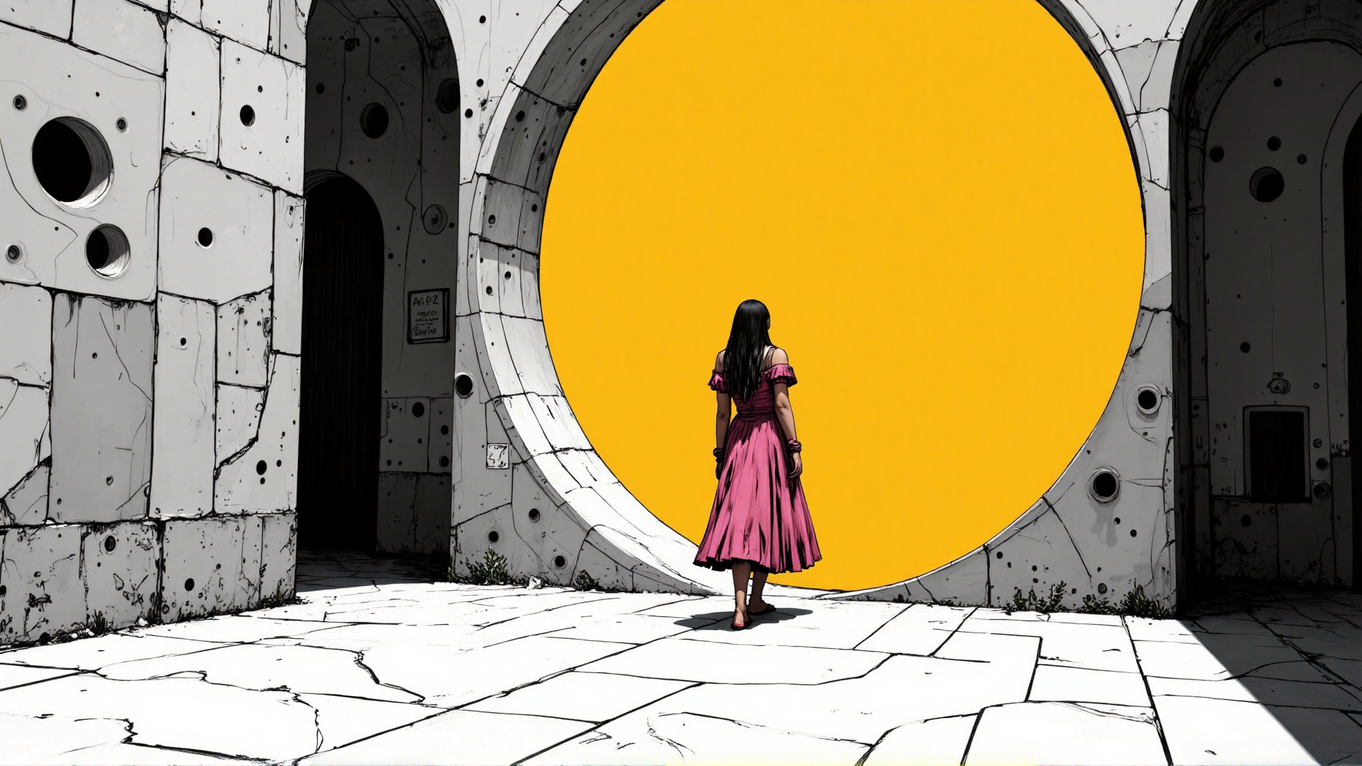 AI generated wallpaper featuring woman, dress, archway, building