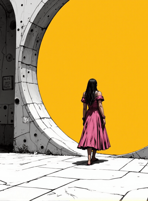 woman, dress, archway, building