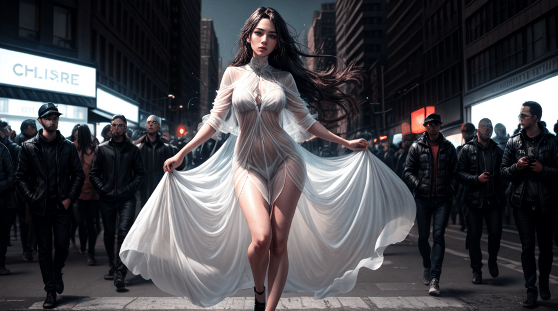 AI generated wallpaper featuring woman, city, crowd