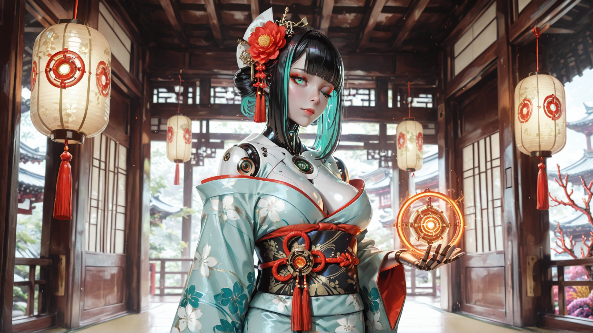 AI generated wallpaper featuring robot, geisha, lantern, kimono, garden, cherry blossom, glove, mandala, traditional, architecture
