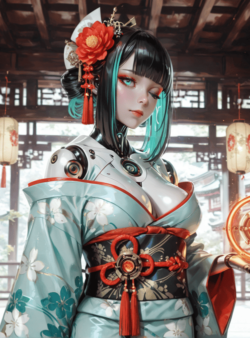 robot, geisha, lantern, kimono, garden, cherry blossom, glove, mandala, traditional, architecture