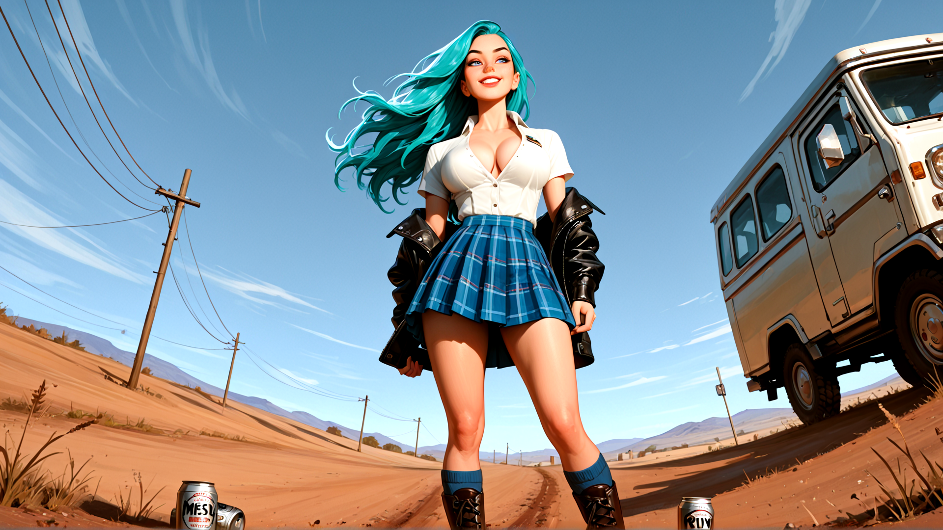 AI generated wallpaper featuring woman, van, desert, power line, can
