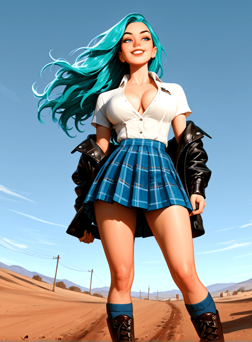 woman, van, desert, power line, can