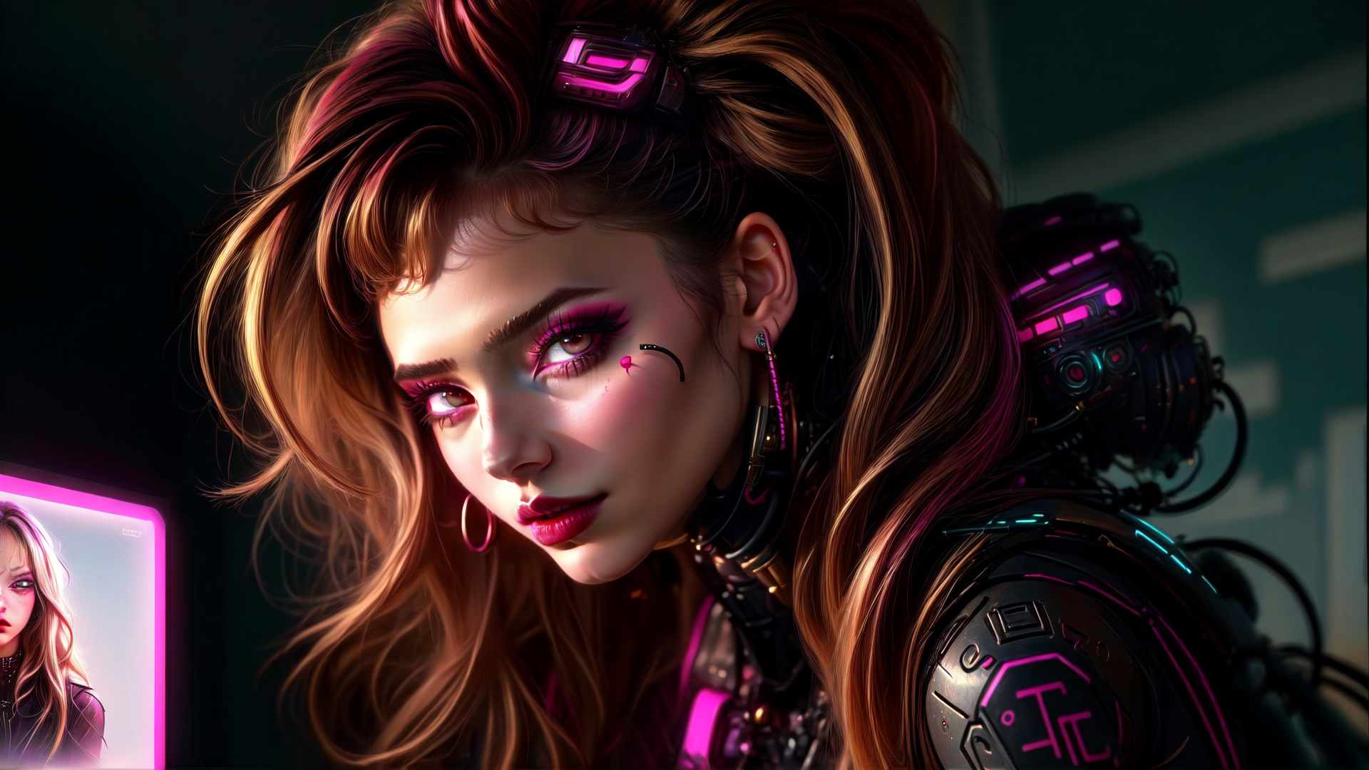 AI generated wallpaper featuring cyborg, woman, robot, screen, ear, helmet, hair, glasses, device, screen