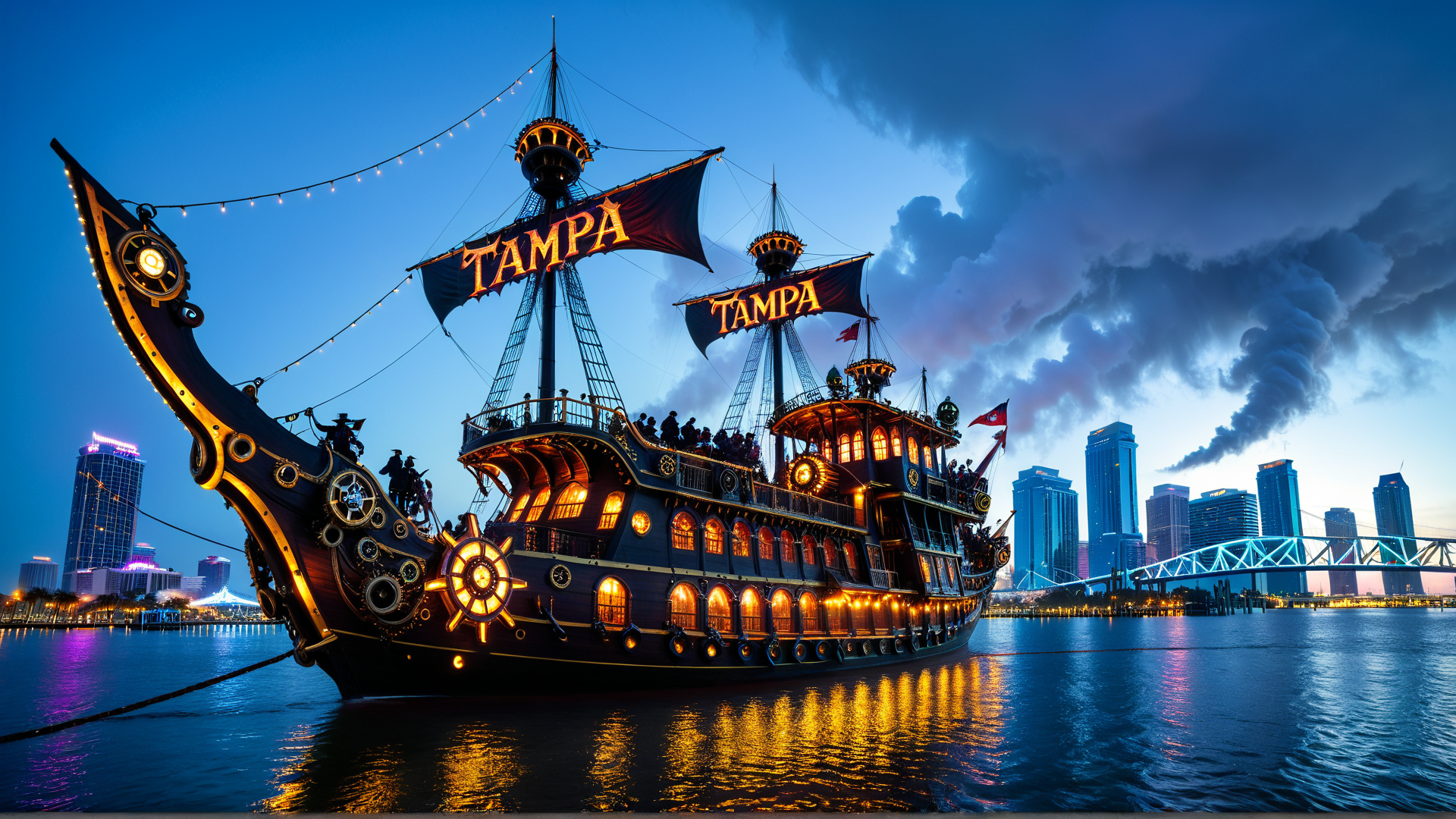 AI generated wallpaper featuring ship, cityscape, sail, bridge, buildings, lights, water, sailors, flag, tampa