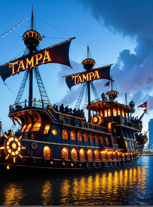 ship, cityscape, sail, bridge, buildings, lights, water, sailors, flag, tampa