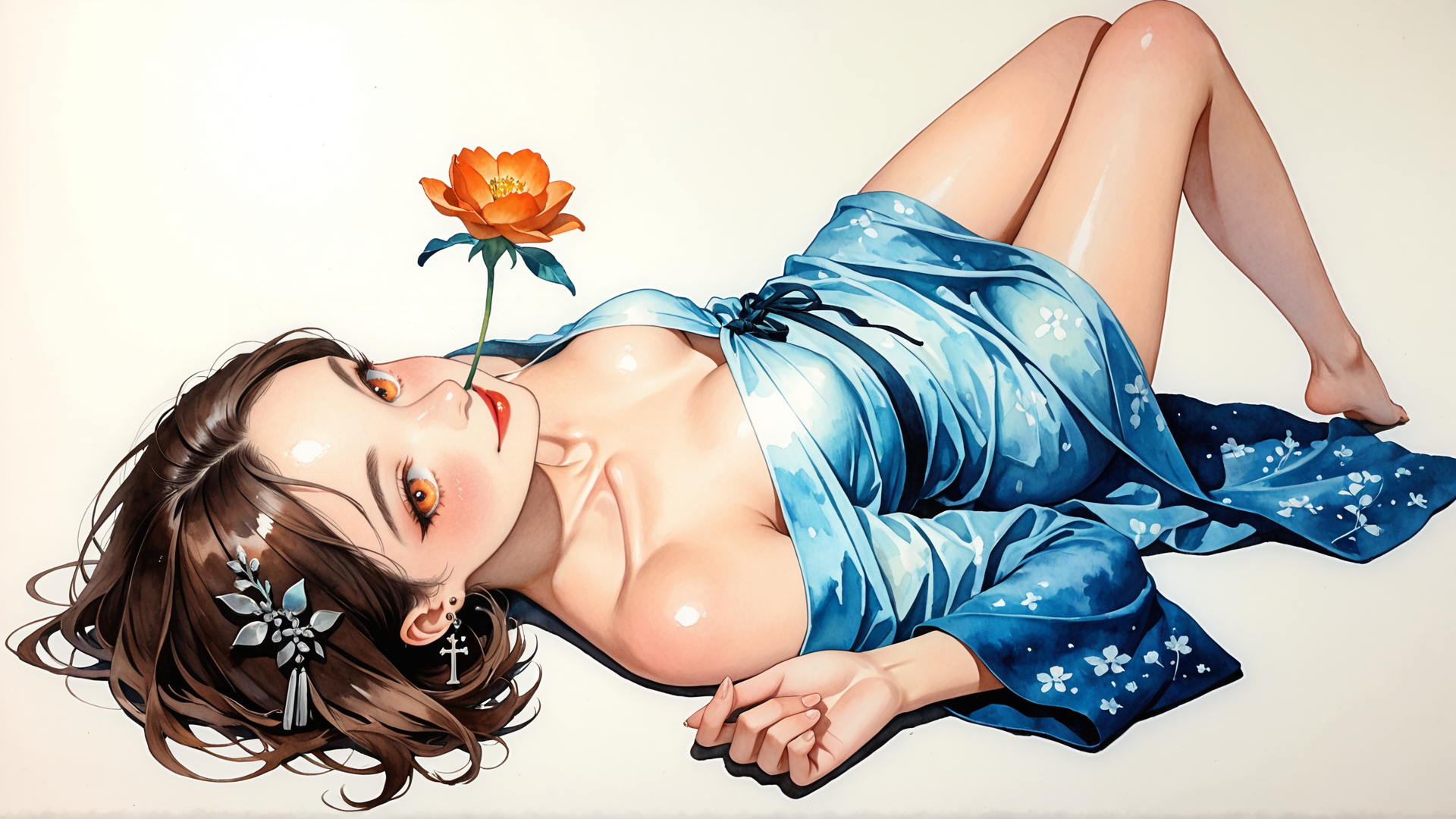 AI generated wallpaper featuring woman, flower, kimono, earring, hair