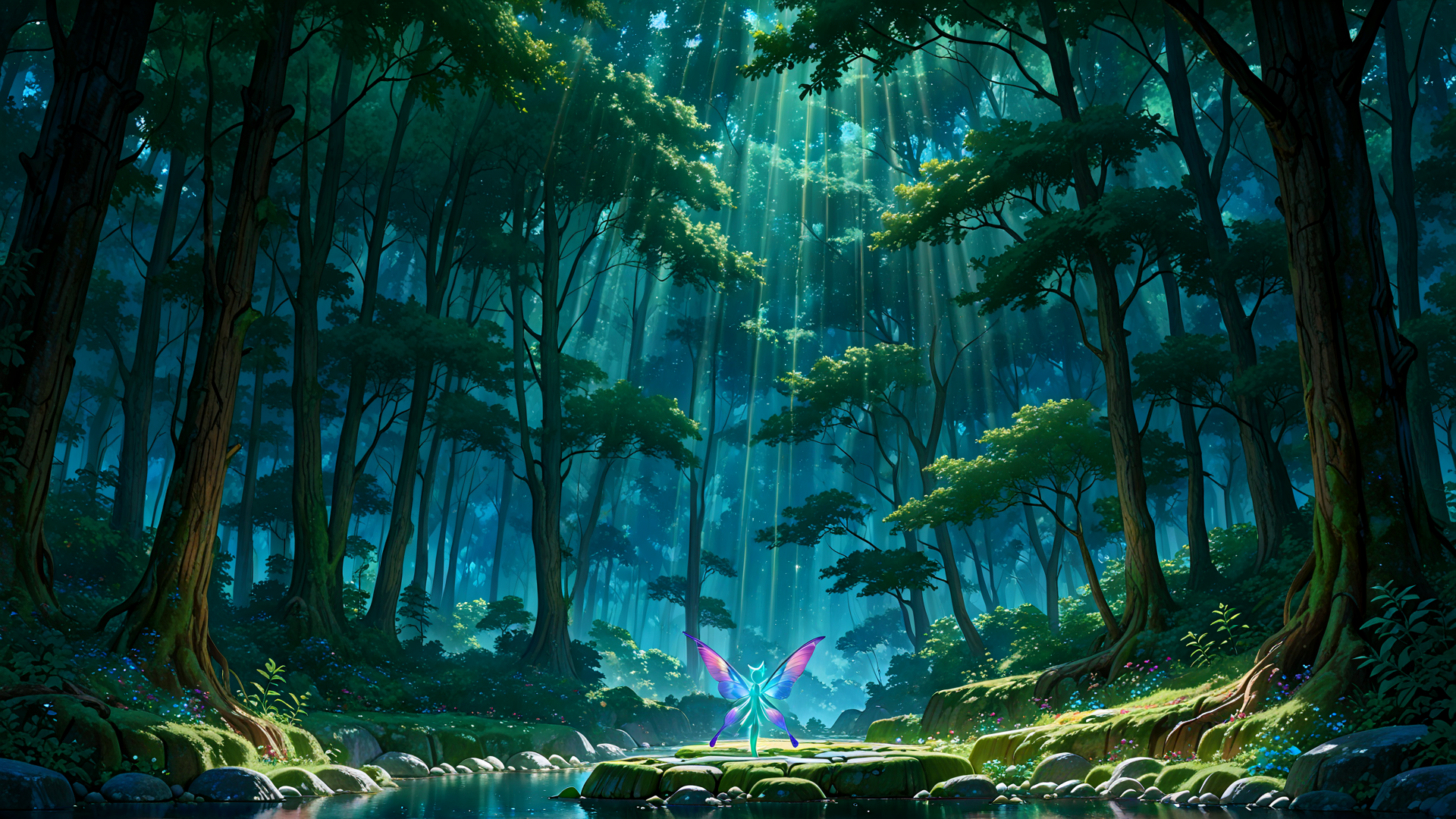 AI generated wallpaper featuring forest, fairy, river, trees, sunlight, plants, moss, rocks, blossoms, water