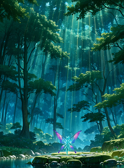 forest, fairy, river, trees, sunlight, plants, moss, rocks, blossoms, water