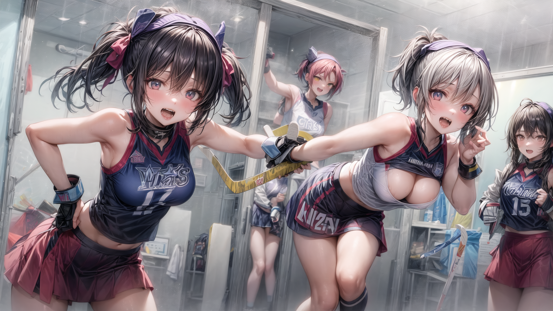 AI generated wallpaper featuring girls, hockey, athletes, uniforms, hockey sticks, team, sportswear