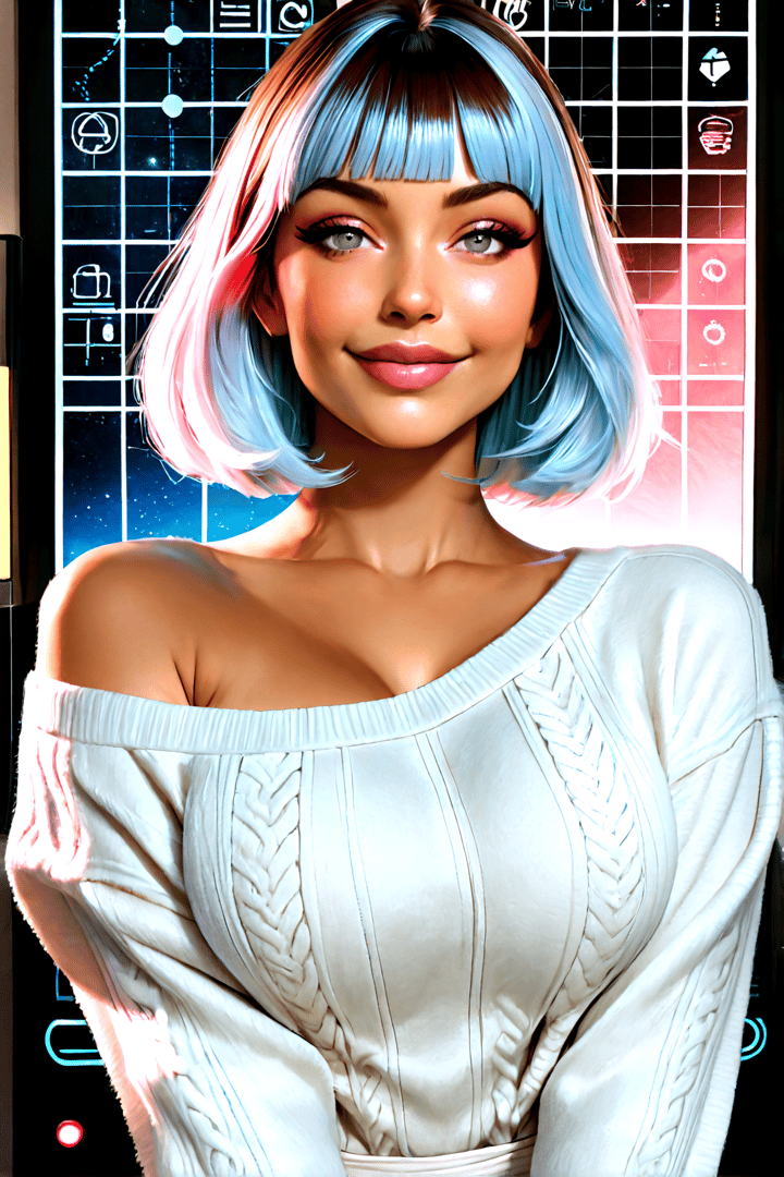 AI generated wallpaper featuring woman, hair, sweater, background, graphic, grid, light, face, shoulder, design