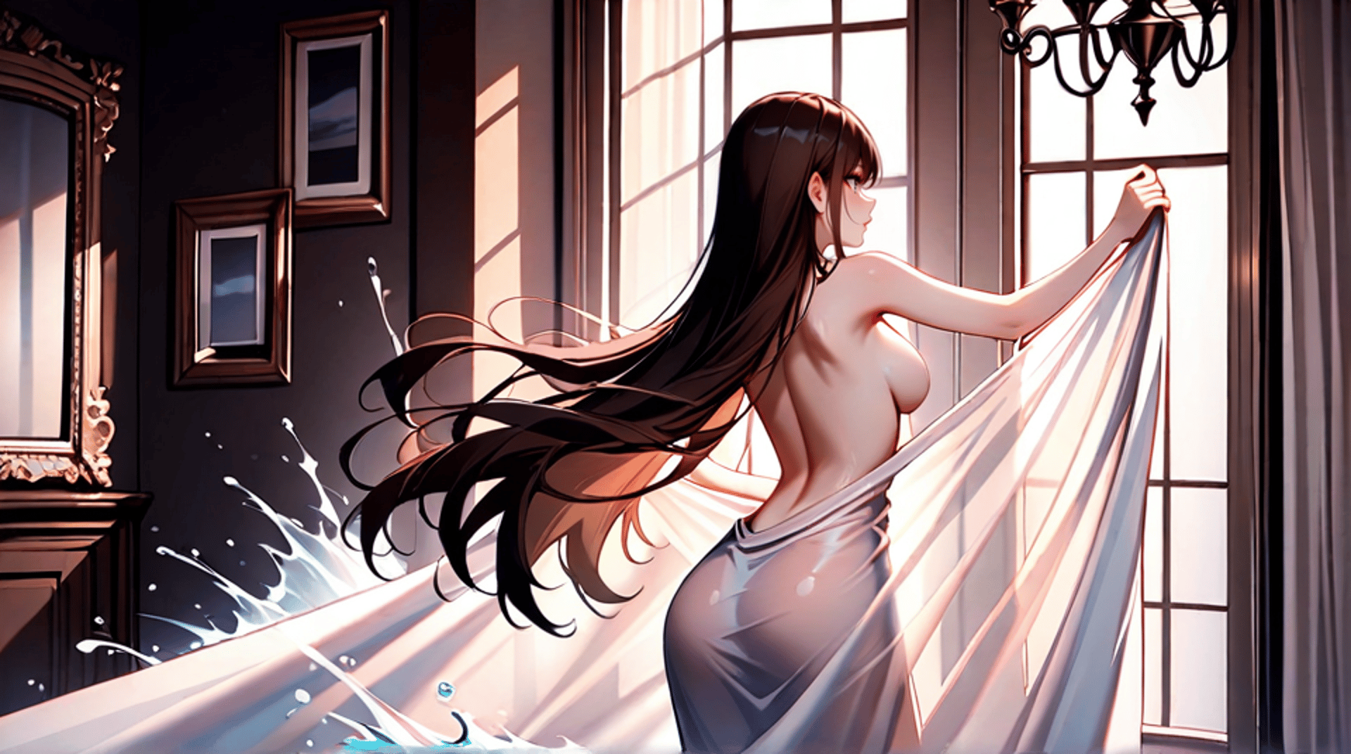 AI generated wallpaper featuring woman, curtain, water