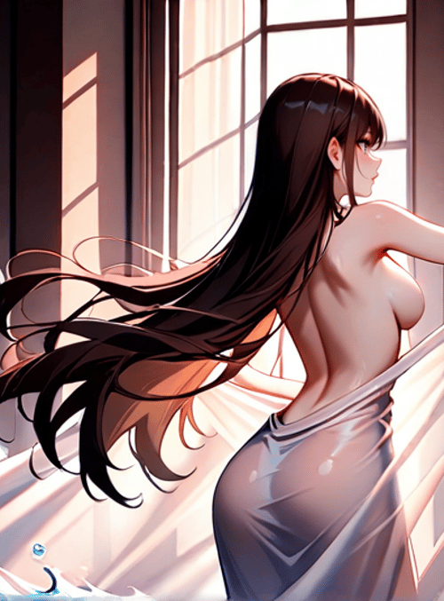woman, curtain, water