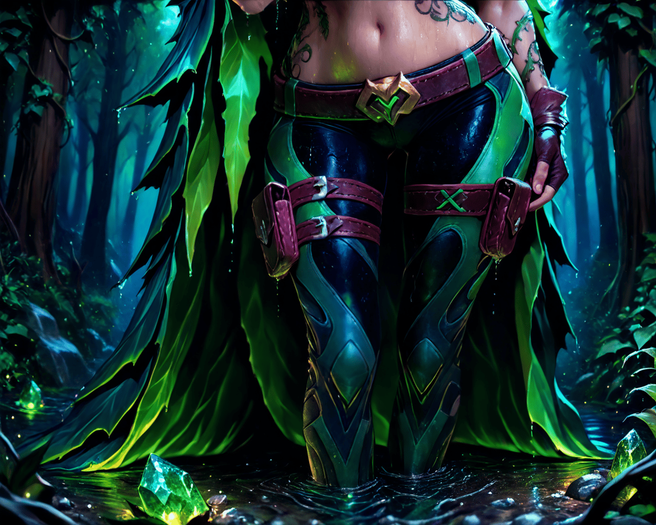 AI generated wallpaper featuring woman, forest, armor