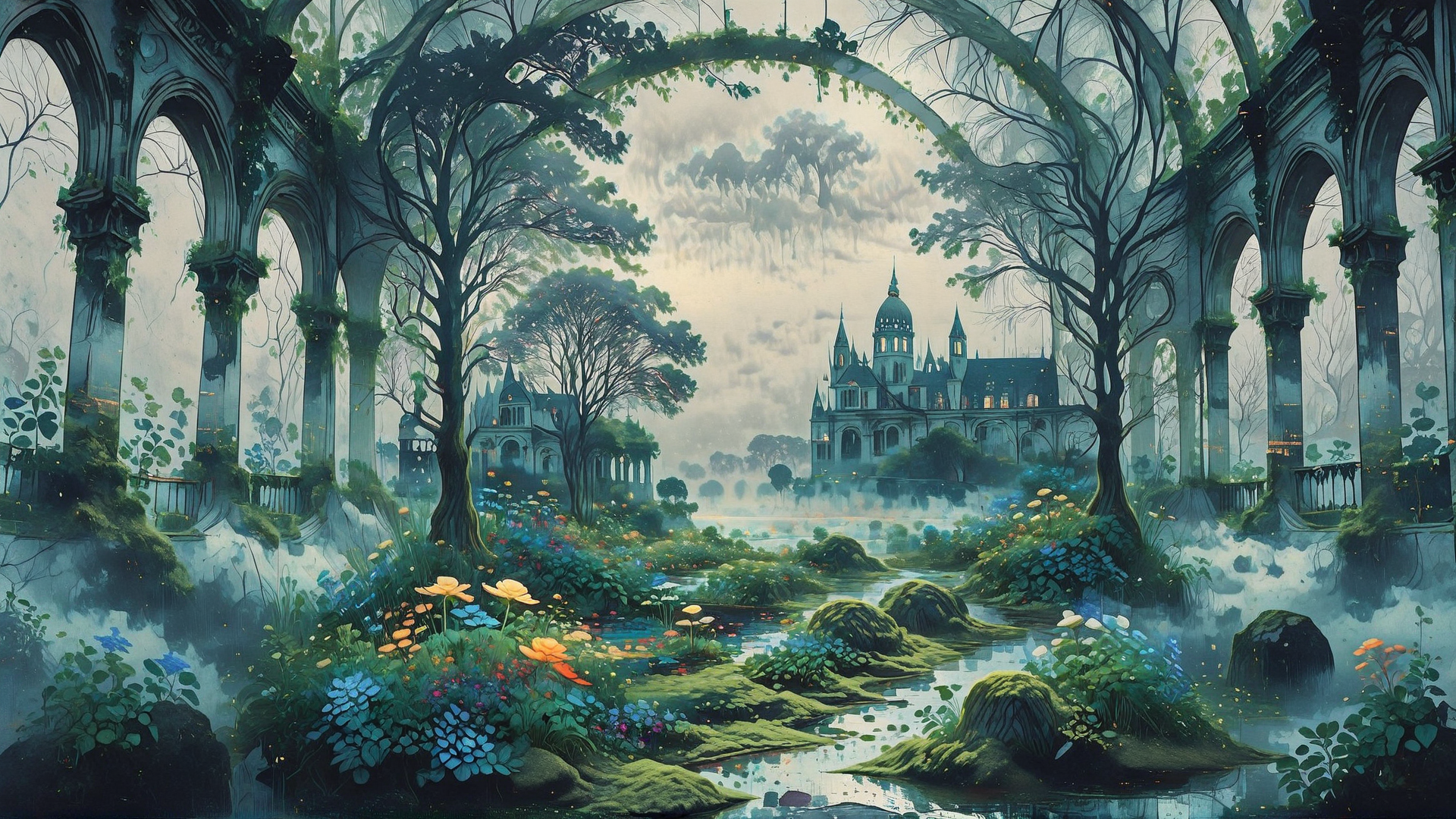 AI generated wallpaper featuring garden, trees, castle, arches, flowers, stream, moss, vines, mist, fog