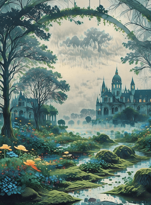 garden, trees, castle, arches, flowers, stream, moss, vines, mist, fog