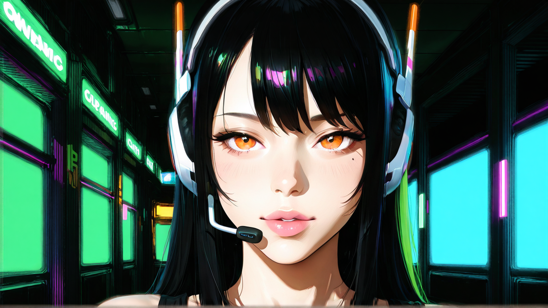 AI generated wallpaper featuring woman, headphones, corridor, gaming