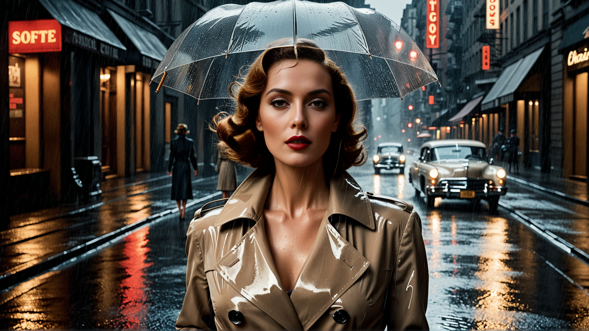 AI generated wallpaper featuring woman, umbrella, car