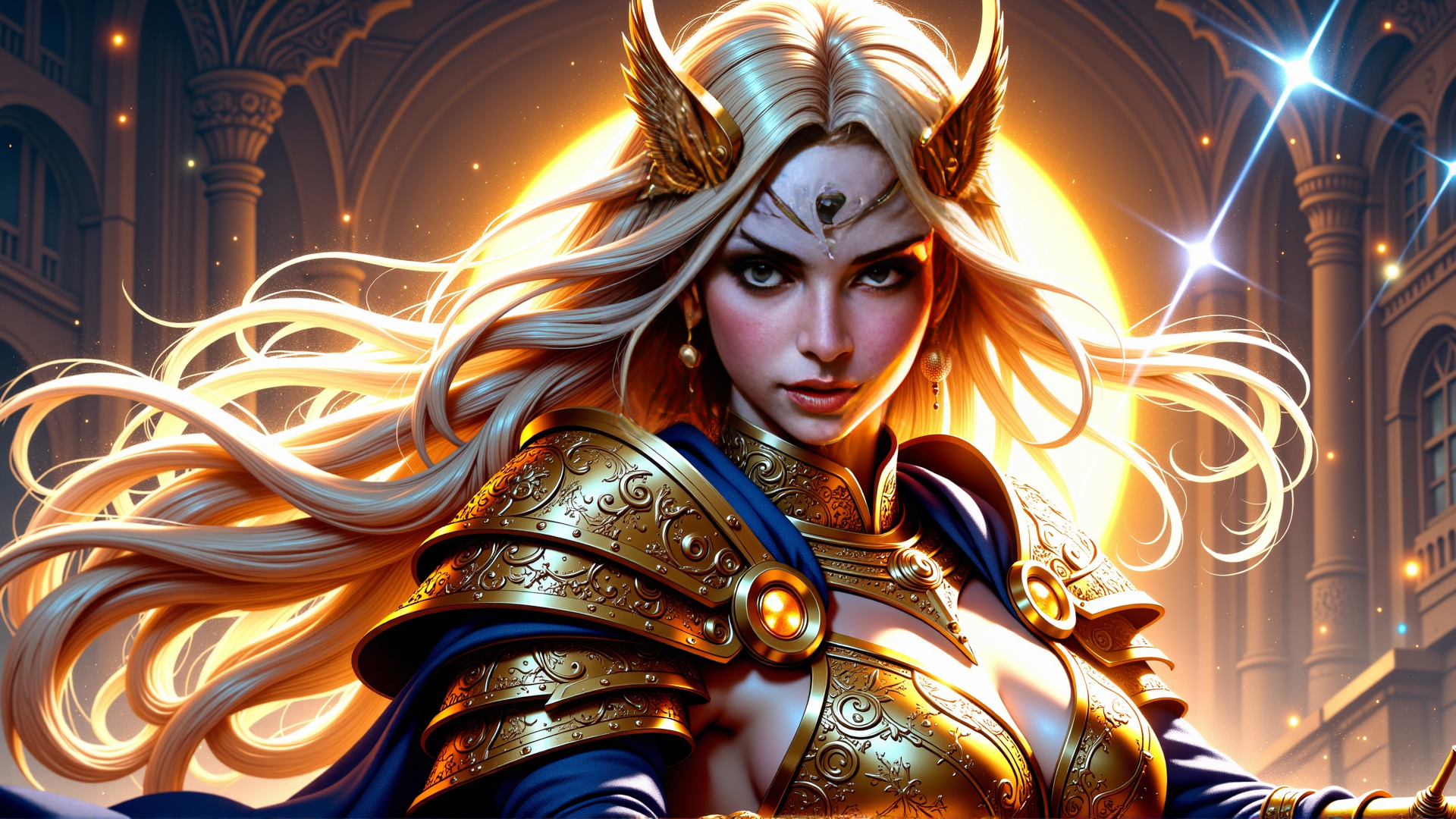 AI generated wallpaper featuring warrior, goddess, armor