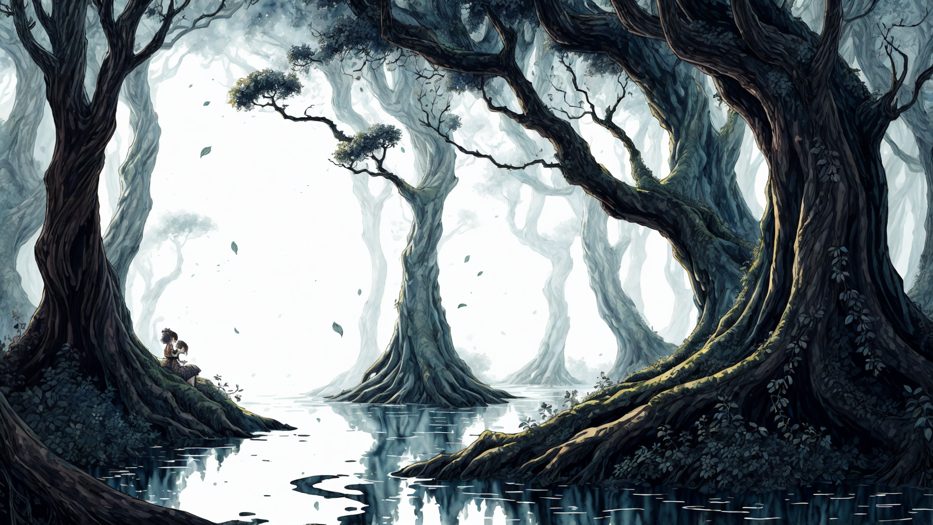 AI generated wallpaper featuring trees, woman, water, forest, roots