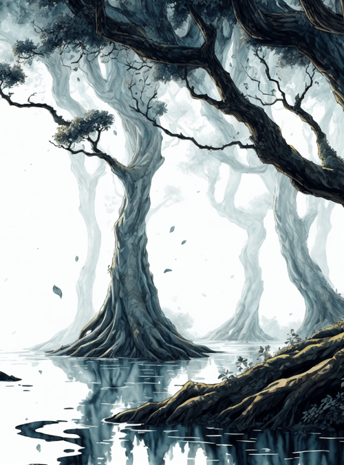 trees, woman, water, forest, roots