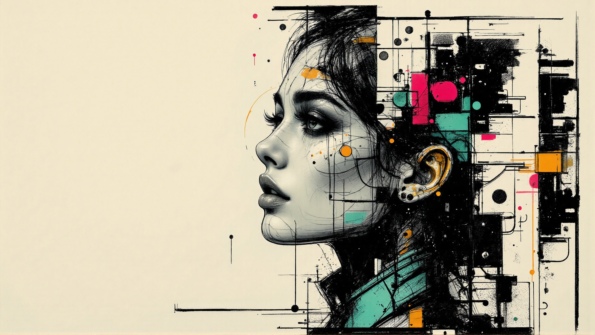 AI generated wallpaper featuring face, ear, dots, lines, geometric shapes, dots, ear, dots, lines