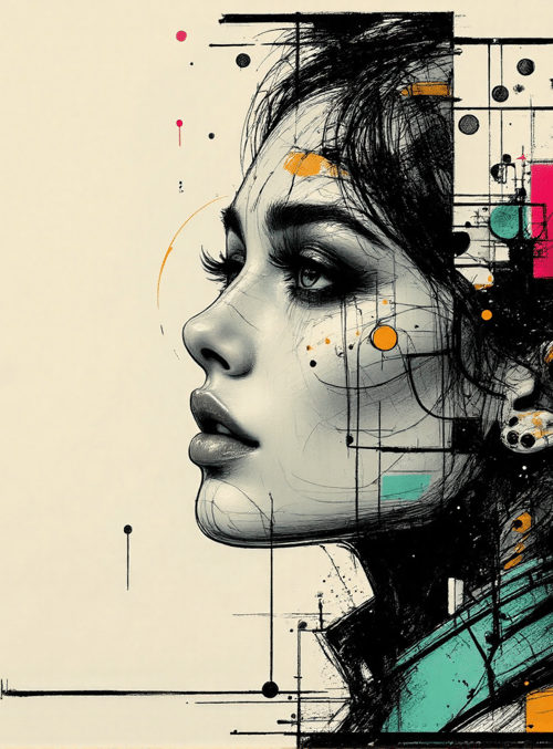 face, ear, dots, lines, geometric shapes, dots, ear, dots, lines