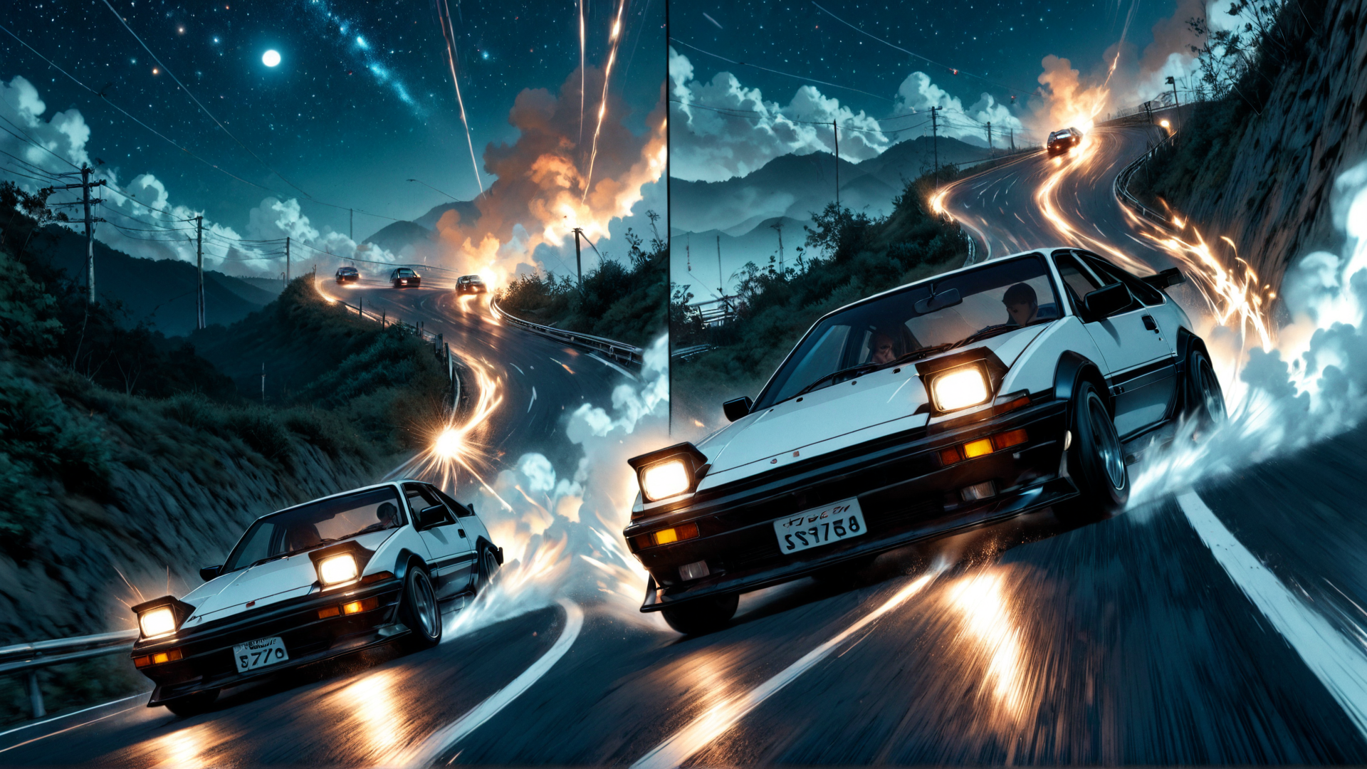 AI generated wallpaper featuring cars, road, mountains, night sky, fire, smoke, stars, moon, wheels, speed