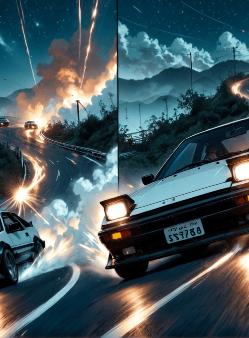 cars, road, mountains, night sky, fire, smoke, stars, moon, wheels, speed