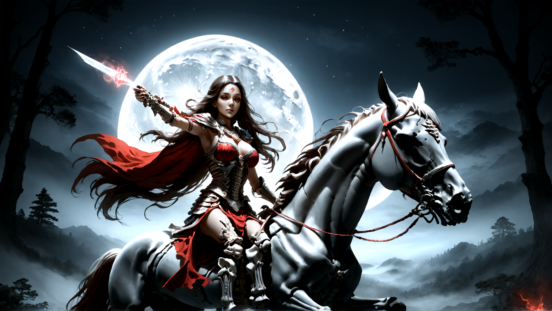 AI generated wallpaper featuring warrior, woman, horse, sword, moon
