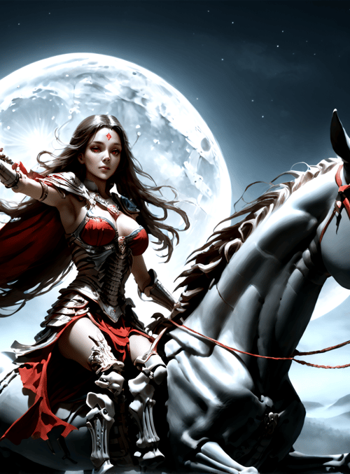 warrior, woman, horse, sword, moon