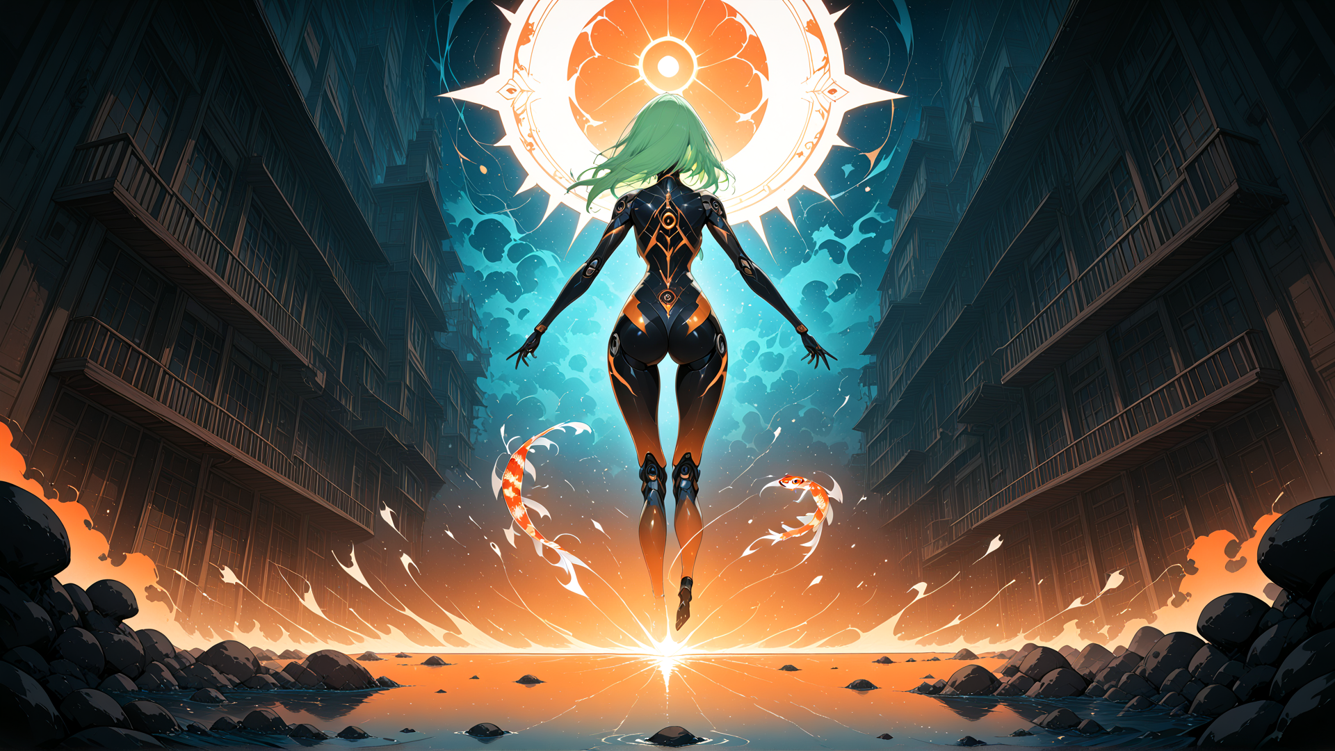AI generated wallpaper featuring cybernetic woman, koi fish, cityscape, glowing orb