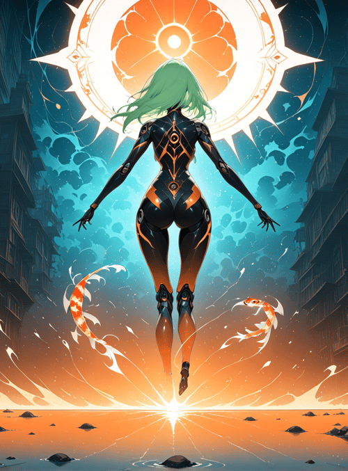 cybernetic woman, koi fish, cityscape, glowing orb