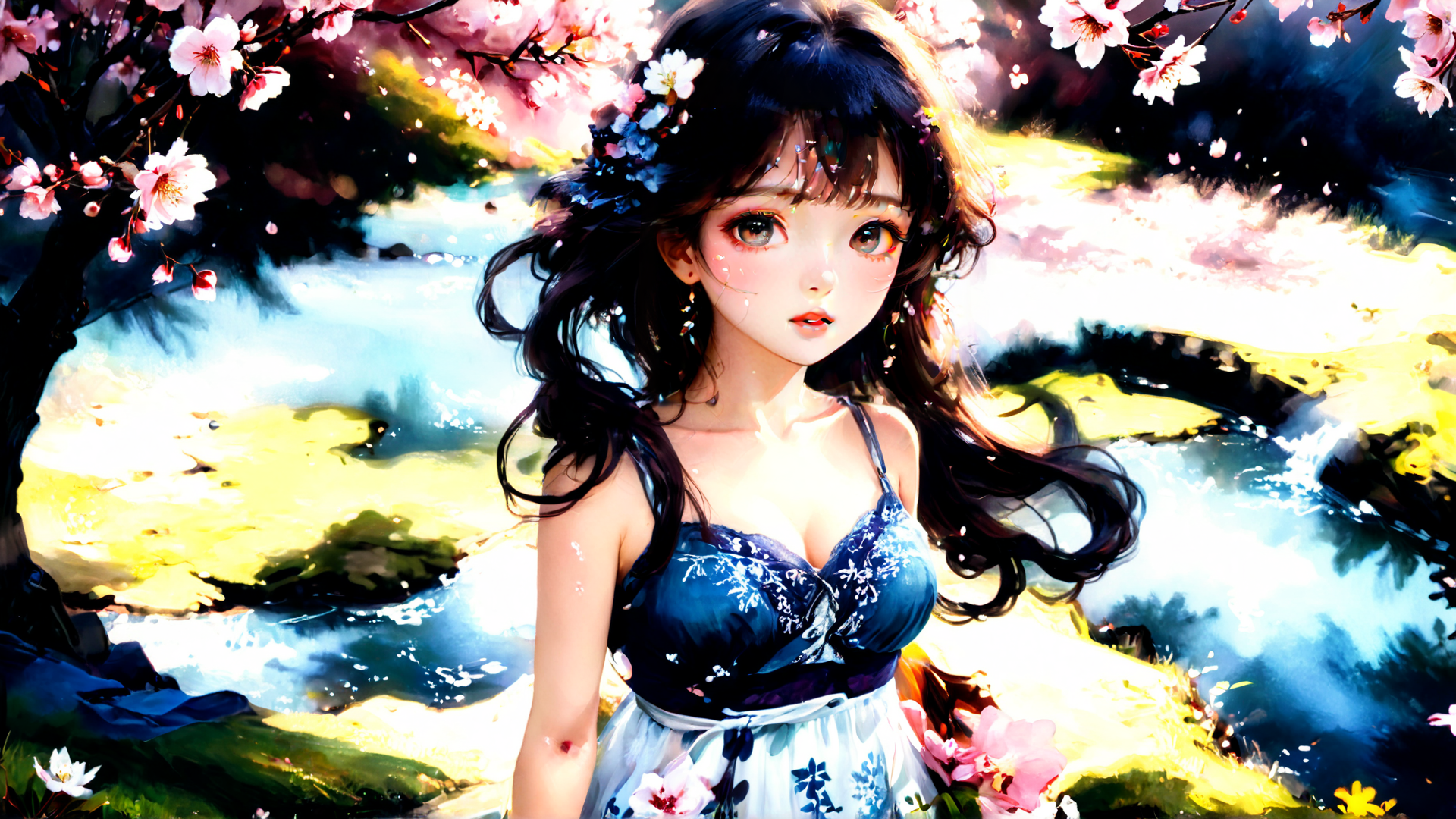 AI generated wallpaper featuring girl, cherry blossoms, river