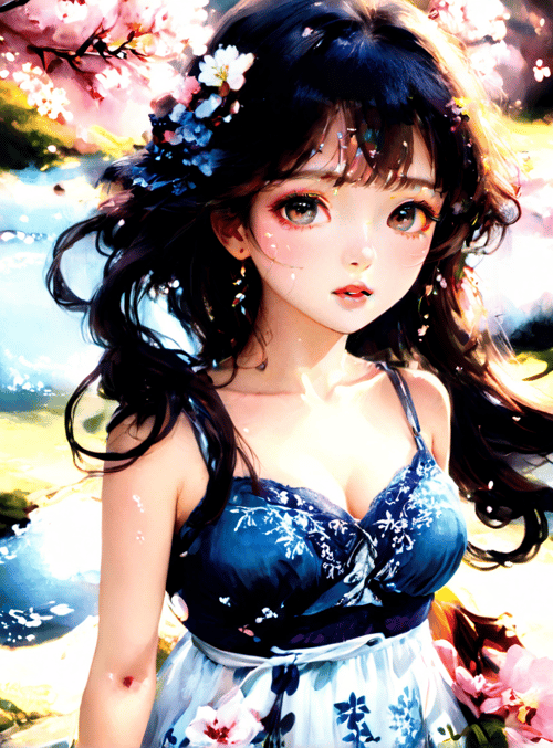 girl, cherry blossoms, river