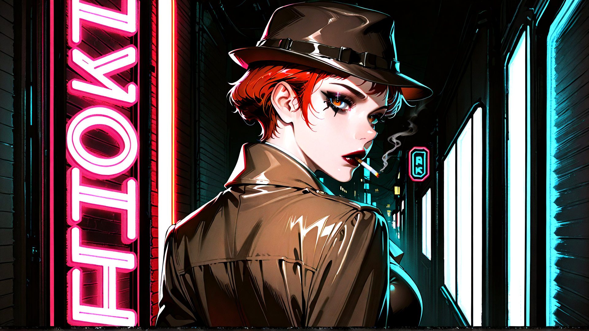 AI generated wallpaper featuring woman, hat, cigarette, jacket, neon sign