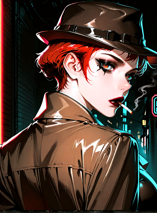 woman, hat, cigarette, jacket, neon sign