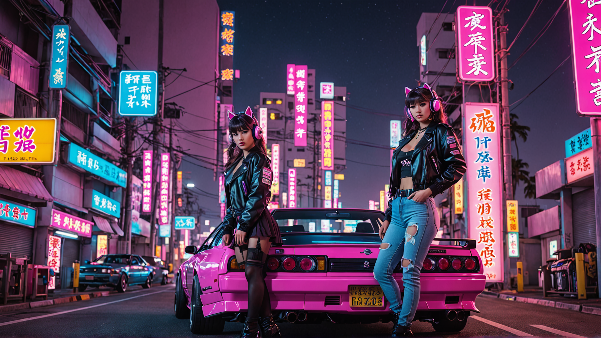 AI generated wallpaper featuring girls, car