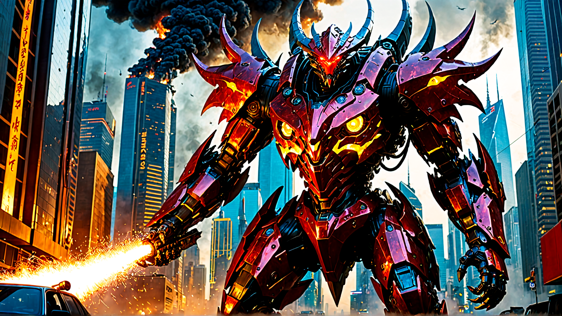 AI generated wallpaper featuring robot, mech, giant, city, skyscraper, fire, sparks, buildings, smoke, vehicles