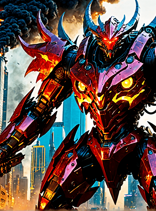 robot, mech, giant, city, skyscraper, fire, sparks, buildings, smoke, vehicles