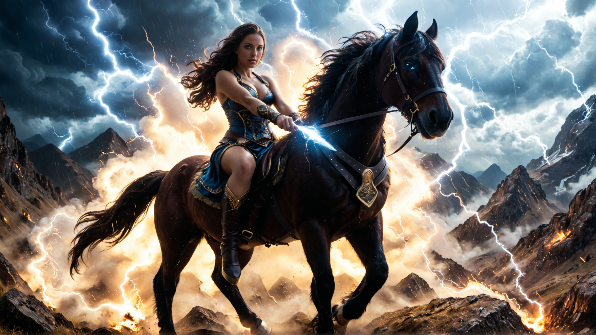 AI generated wallpaper featuring woman, horse, lightning