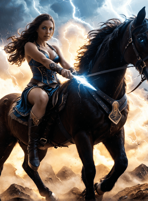 woman, horse, lightning