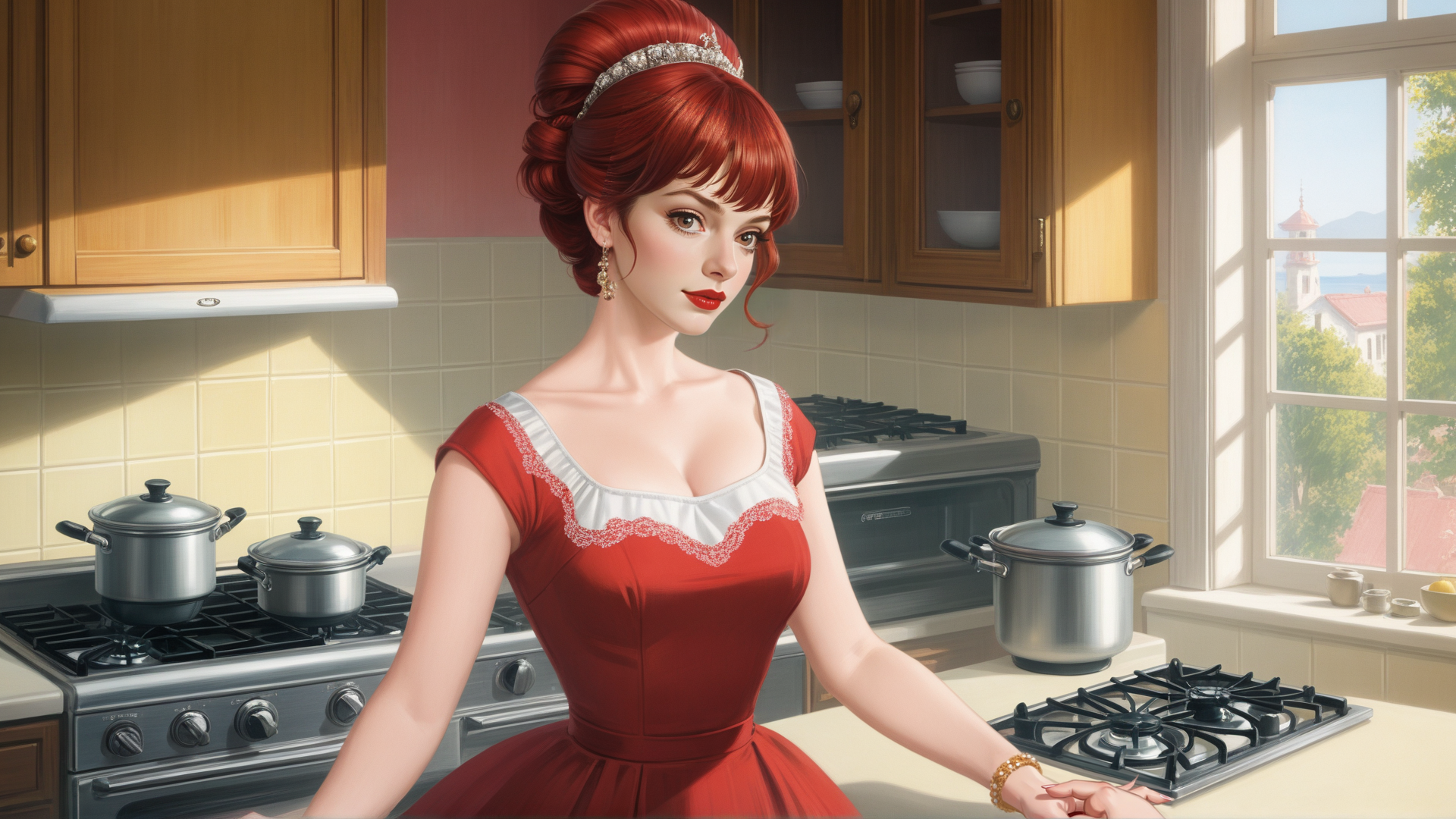 AI generated wallpaper featuring woman, kitchen, dress