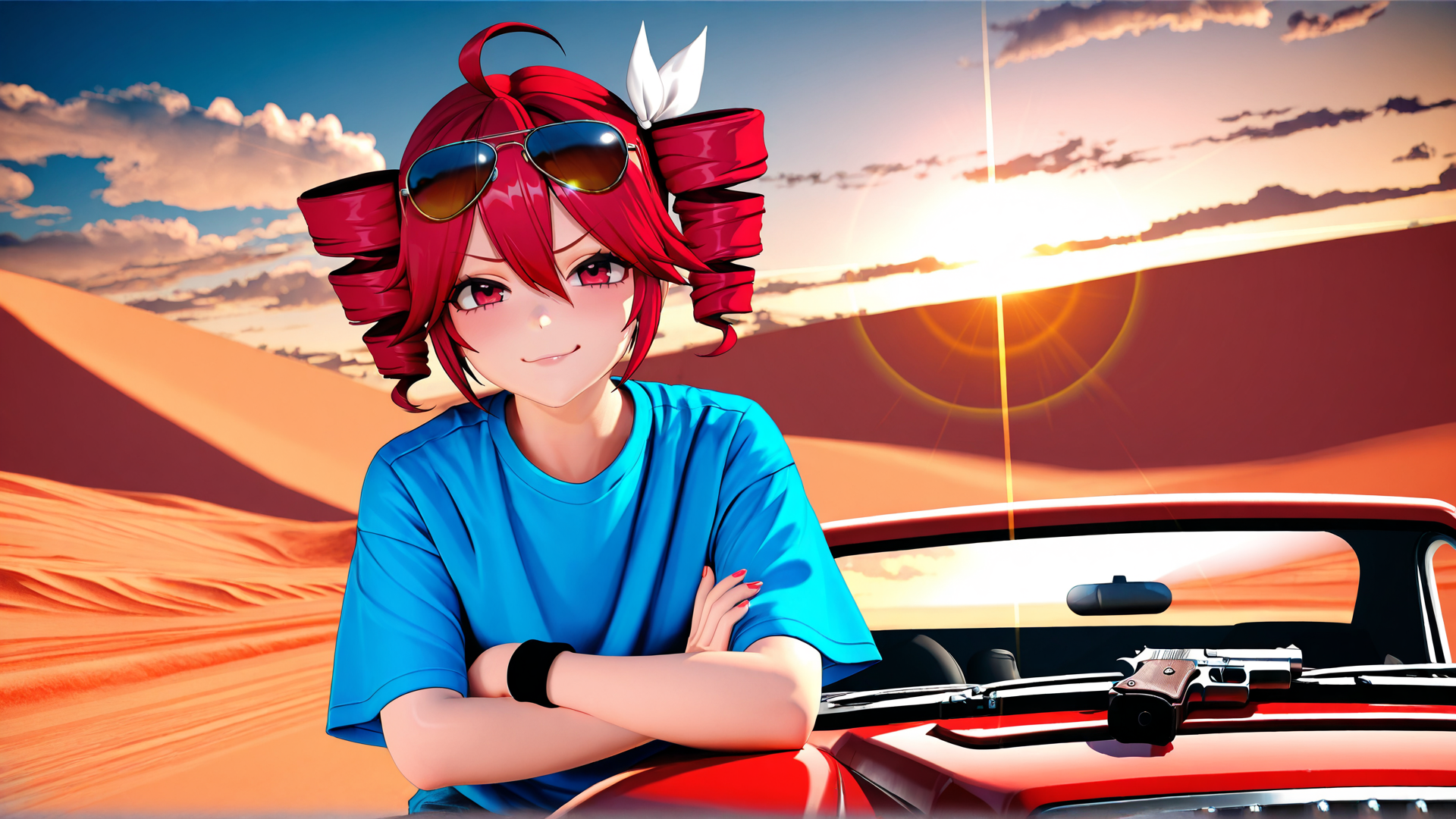 AI generated wallpaper featuring girl, car, sunglasses, desert, sun, gun, bow, t-shirt, hair, sand