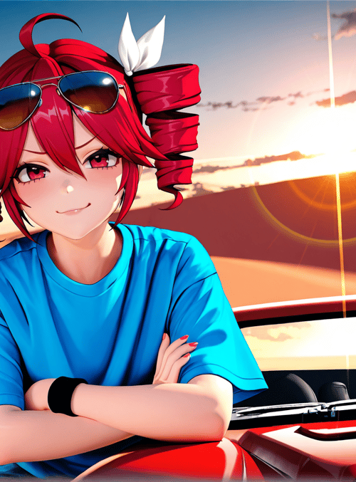 girl, car, sunglasses, desert, sun, gun, bow, t-shirt, hair, sand
