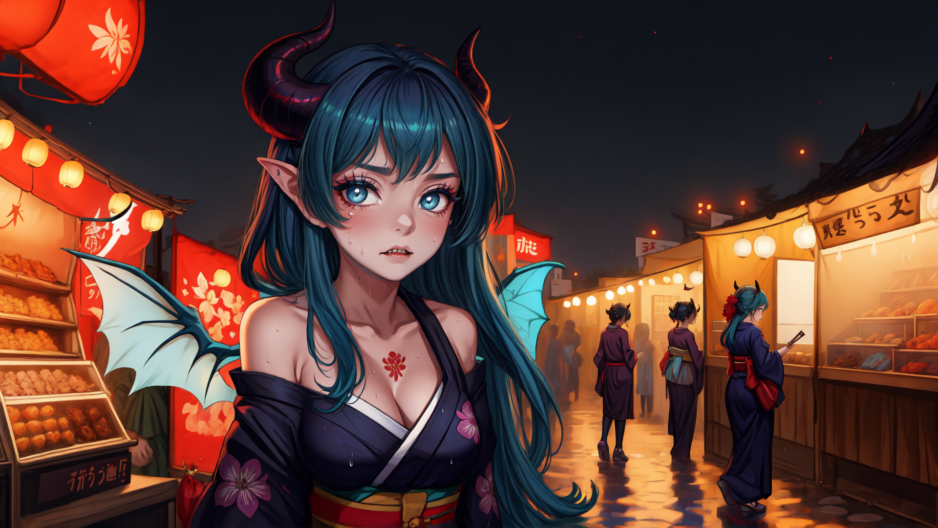 AI generated wallpaper featuring demon, girl, market, bystanders, lanterns, wings, kimono, horns, food stalls, blossoms