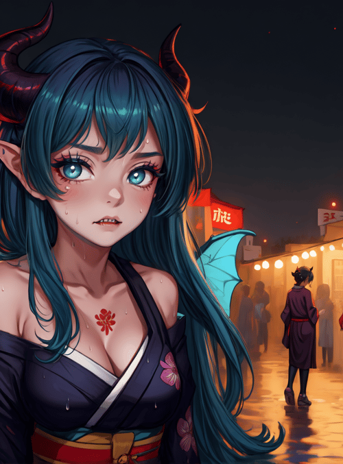 demon, girl, market, bystanders, lanterns, wings, kimono, horns, food stalls, blossoms