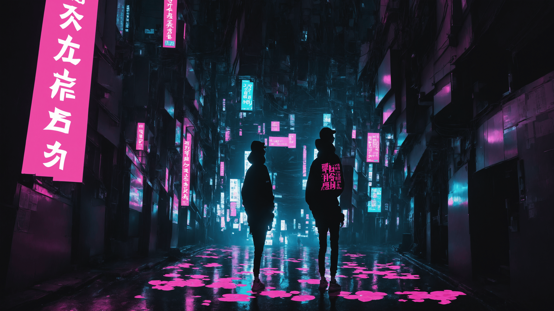 AI generated wallpaper featuring people, city, signs