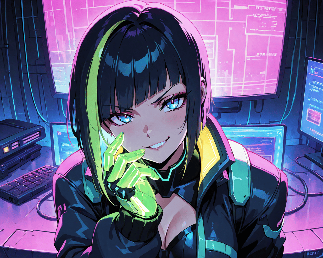 AI generated wallpaper featuring cyberpunk girl, robotic hand, anime character