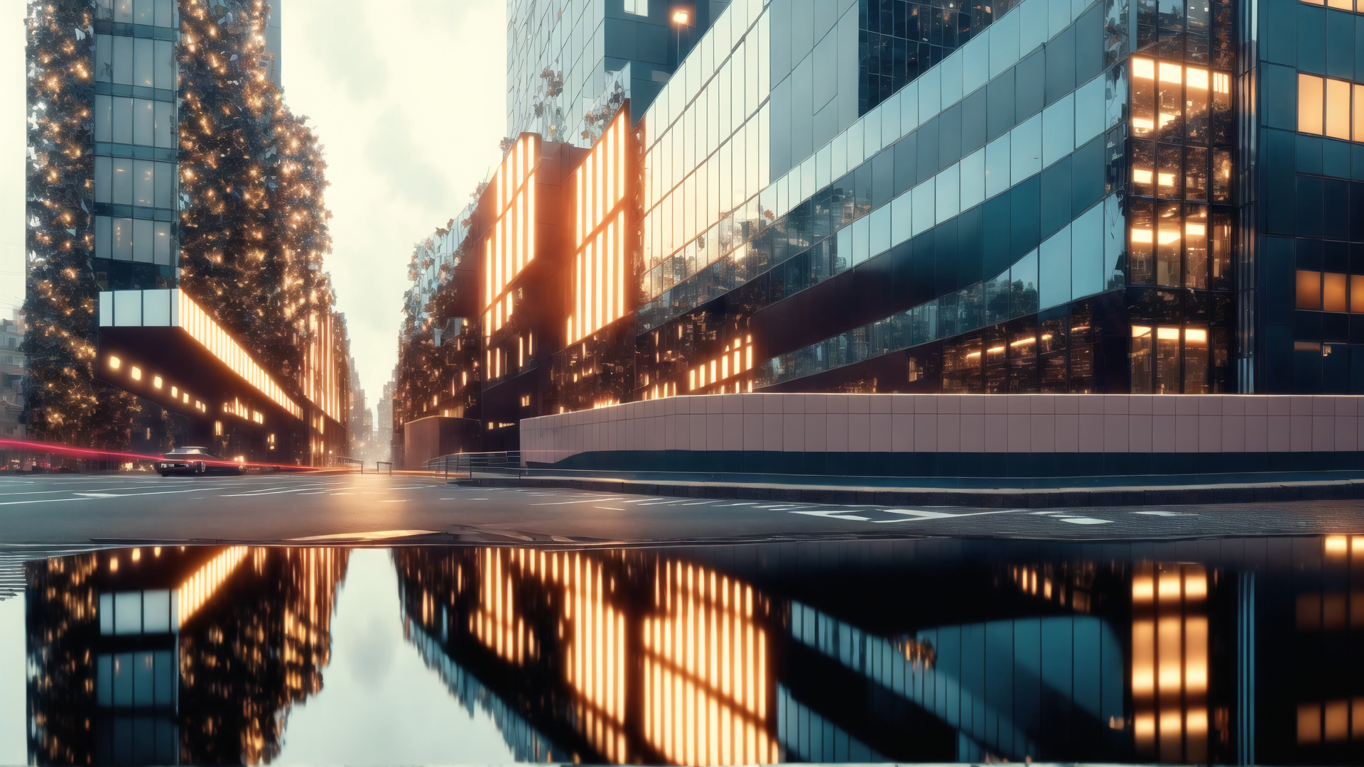 AI generated wallpaper featuring city, buildings, street, water, reflection, car, lights, trees, sky, road